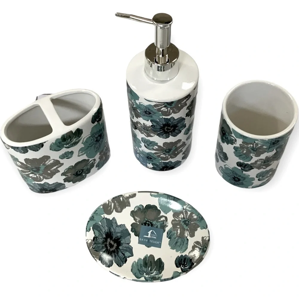 Floral Bath  Accessory Ceramic Set Sun Splash Collection White Blue 4 Piece Set